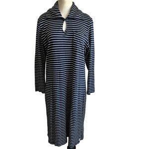 Lauren Ralph Lauren Striped Dress Womens L Navy White Cotton Long Sleeve‎ Midi